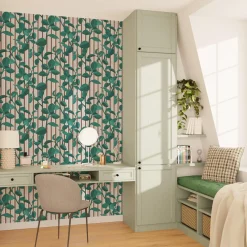 Fashion Papier peint intissé PEPEROMIA vert anglais et rose - Papiers Peints