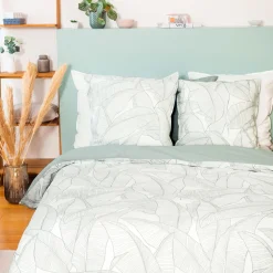 Discount Parure de lit lin et coton lavé PAMPELUNE blanc / vert 240 x 220 cm Linge De Maison
